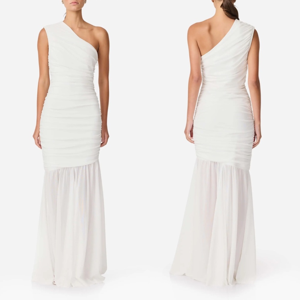 NEW ELLIATT White GAUZY MESH Vinna RUCHED One Shoulder TRUMPET GOWN XS